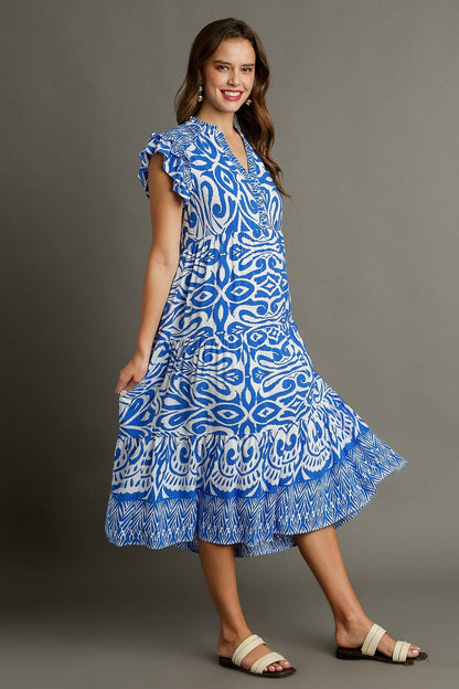 Blue Full Size Two-Tone Print Ruffle Cap Sleeve Midi Dress Plus Size Statement Piece Dress