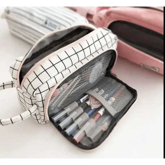 Big Storage Large Capacity Pencil Case Kids Pencil Bag For Students Vintage Grid Print Fabric Stationary Bag School Supply