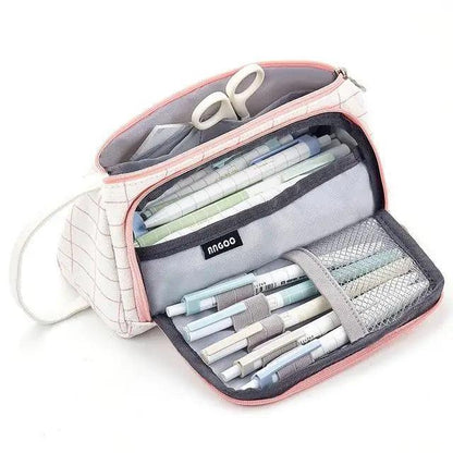 Big Storage Large Capacity Pencil Case Kids Pencil Bag For Students Vintage Grid Print Fabric Stationary Bag School Supply
