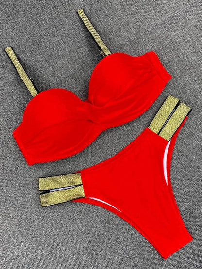 Bikini Sets Solid Color Swimsuit  Mid-Waist  Gather Cup Bikinis Women Swimwear Female Bathing Suits Beach wear  Two Piece Swimsuits Triangle Bikini swimsuits for Women