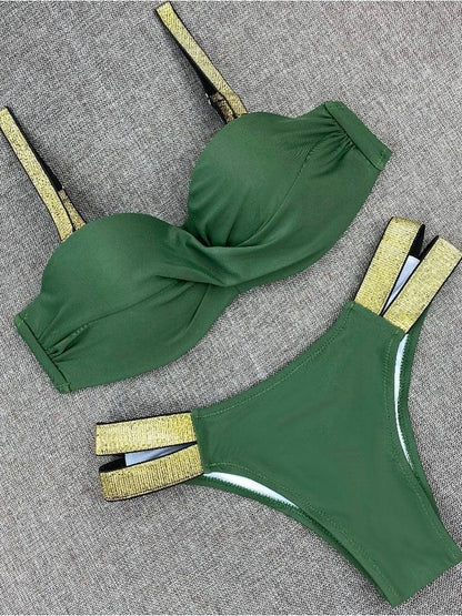 Bikini Sets Solid Color Swimsuit  Mid-Waist  Gather Cup Bikinis Women Swimwear Female Bathing Suits Beach wear  Two Piece Swimsuits Triangle Bikini swimsuits for Women