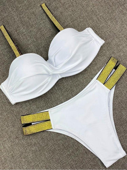 Bikini Sets Solid Color Swimsuit  Mid-Waist  Gather Cup Bikinis Women Swimwear Female Bathing Suits Beach wear  Two Piece Swimsuits Triangle Bikini swimsuits for Women