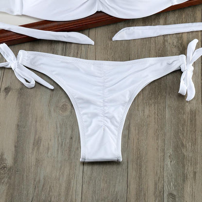 Bikini Solid Strappy Bandage Bikinis Set White Push Up Bikini Swimwear Swimsuit Bathing Suit Women's Ribbed Tie Bikini Adjustable Lace Up Bottom String Women Swimsuit