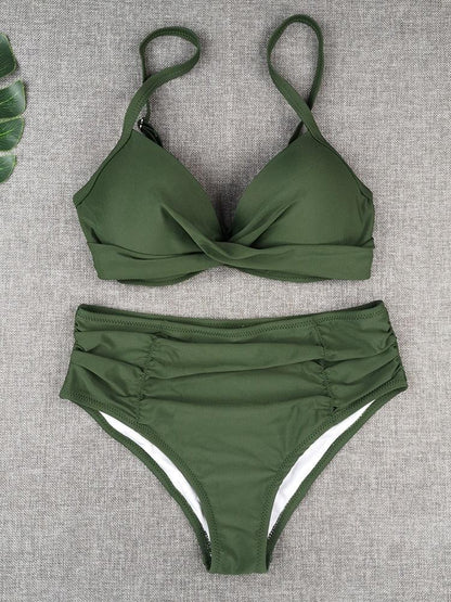 Bikini Swimwear Women High Waist Swimsuit Solid Color Bikini Set Women's Push Up Underwire Top Bottom Bikini Bathing Swimsuits Beach Wear Padded Push Up Bikini Set Female
