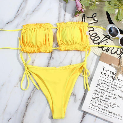 Bikini Women  Swimsuit Female Low Waist Swimwear Women Beach Mini Thong Bikini Set Bathing Suit Women Thong Swimsuits Strapless 2 Piece Bikini String Tie Ruffle Brazilian Bathing Suit