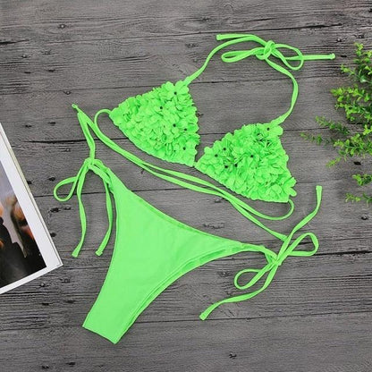 Bikinis  New 3D Flower Swimwear Solid Bikini Bandage Swimsuit Women's Solid Halter Padded Push Up Bikini Set Two Pieces Swimsuit Swimwear Bathing Suit Bikini Set Female Cute Ladies Beachwear Push Up Bikini