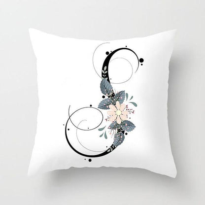 Black Alphabet Flower Print Pillow Cover White Polyester Modern Cushion Cover Decorative Pillowcase For Sofa Bed Chair Car Throw Pillow Covers Decorative Pillow Cases ABC Letter Cushion Covers Square Pillow Protectors Home Decor 45x45cm