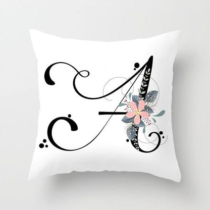 Black Alphabet Flower Print Pillow Cover White Polyester Modern Cushion Cover Decorative Pillowcase For Sofa Bed Chair Car Throw Pillow Covers Decorative Pillow Cases ABC Letter Cushion Covers Square Pillow Protectors Home Decor 45x45cm
