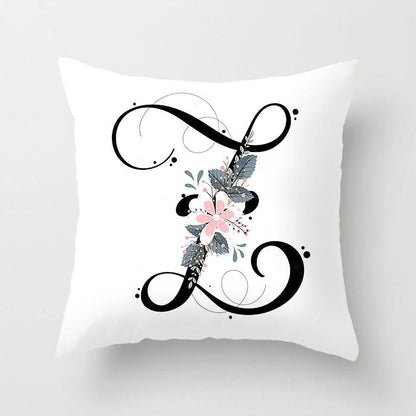 Black Alphabet Flower Print Pillow Cover White Polyester Modern Cushion Cover Decorative Pillowcase For Sofa Bed Chair Car Throw Pillow Covers Decorative Pillow Cases ABC Letter Cushion Covers Square Pillow Protectors Home Decor 45x45cm