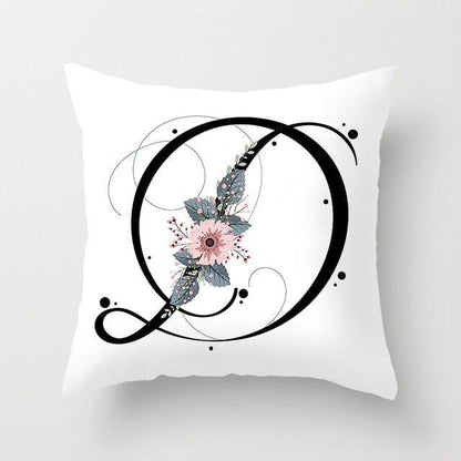 Black Alphabet Flower Print Pillow Cover White Polyester Modern Cushion Cover Decorative Pillowcase For Sofa Bed Chair Car Throw Pillow Covers Decorative Pillow Cases ABC Letter Cushion Covers Square Pillow Protectors Home Decor 45x45cm