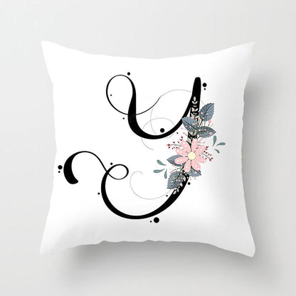 Black Alphabet Flower Print Pillow Cover White Polyester Modern Cushion Cover Decorative Pillowcase For Sofa Bed Chair Car Throw Pillow Covers Decorative Pillow Cases ABC Letter Cushion Covers Square Pillow Protectors Home Decor 45x45cm