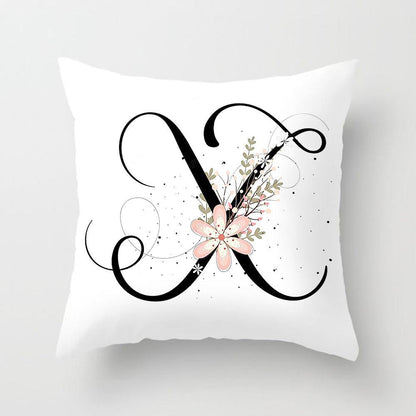 Black Alphabet Flower Print Pillow Cover White Polyester Modern Cushion Cover Decorative Pillowcase For Sofa Bed Chair Car Throw Pillow Covers Decorative Pillow Cases ABC Letter Cushion Covers Square Pillow Protectors Home Decor 45x45cm