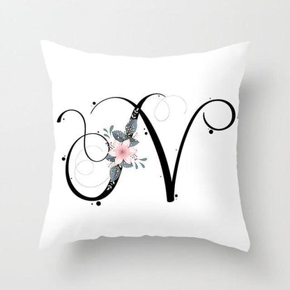 Black Alphabet Flower Print Pillow Cover White Polyester Modern Cushion Cover Decorative Pillowcase For Sofa Bed Chair Car Throw Pillow Covers Decorative Pillow Cases ABC Letter Cushion Covers Square Pillow Protectors Home Decor 45x45cm