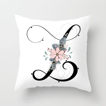 Black Alphabet Flower Print Pillow Cover White Polyester Modern Cushion Cover Decorative Pillowcase For Sofa Bed Chair Car Throw Pillow Covers Decorative Pillow Cases ABC Letter Cushion Covers Square Pillow Protectors Home Decor 45x45cm