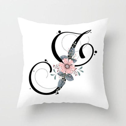 Black Alphabet Flower Print Pillow Cover White Polyester Modern Cushion Cover Decorative Pillowcase For Sofa Bed Chair Car Throw Pillow Covers Decorative Pillow Cases ABC Letter Cushion Covers Square Pillow Protectors Home Decor 45x45cm