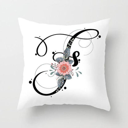 Black Alphabet Flower Print Pillow Cover White Polyester Modern Cushion Cover Decorative Pillowcase For Sofa Bed Chair Car Throw Pillow Covers Decorative Pillow Cases ABC Letter Cushion Covers Square Pillow Protectors Home Decor 45x45cm