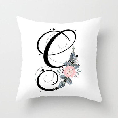 Black Alphabet Flower Print Pillow Cover White Polyester Modern Cushion Cover Decorative Pillowcase For Sofa Bed Chair Car Throw Pillow Covers Decorative Pillow Cases ABC Letter Cushion Covers Square Pillow Protectors Home Decor 45x45cm