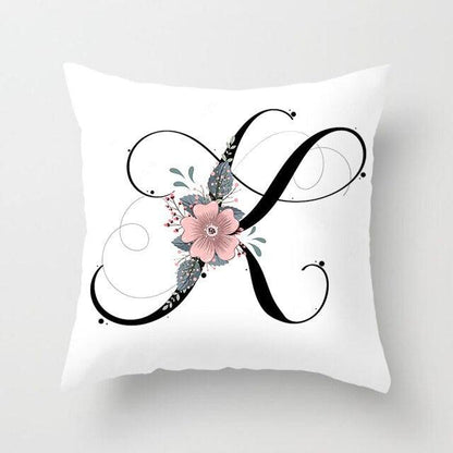 Black Alphabet Flower Print Pillow Cover White Polyester Modern Cushion Cover Decorative Pillowcase For Sofa Bed Chair Car Throw Pillow Covers Decorative Pillow Cases ABC Letter Cushion Covers Square Pillow Protectors Home Decor 45x45cm