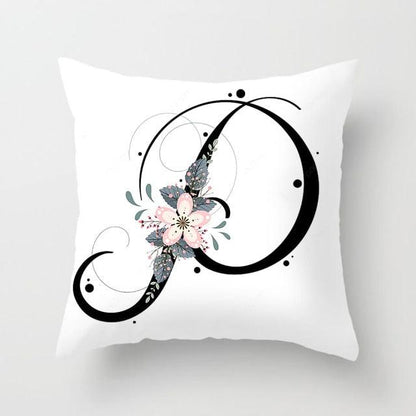 Black Alphabet Flower Print Pillow Cover White Polyester Modern Cushion Cover Decorative Pillowcase For Sofa Bed Chair Car Throw Pillow Covers Decorative Pillow Cases ABC Letter Cushion Covers Square Pillow Protectors Home Decor 45x45cm