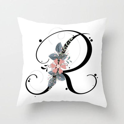 Black Alphabet Flower Print Pillow Cover White Polyester Modern Cushion Cover Decorative Pillowcase For Sofa Bed Chair Car Throw Pillow Covers Decorative Pillow Cases ABC Letter Cushion Covers Square Pillow Protectors Home Decor 45x45cm