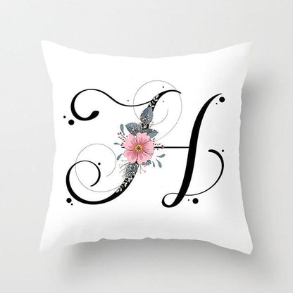 Black Alphabet Flower Print Pillow Cover White Polyester Modern Cushion Cover Decorative Pillowcase For Sofa Bed Chair Car Throw Pillow Covers Decorative Pillow Cases ABC Letter Cushion Covers Square Pillow Protectors Home Decor 45x45cm
