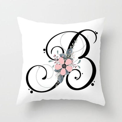Black Alphabet Flower Print Pillow Cover White Polyester Modern Cushion Cover Decorative Pillowcase For Sofa Bed Chair Car Throw Pillow Covers Decorative Pillow Cases ABC Letter Cushion Covers Square Pillow Protectors Home Decor 45x45cm