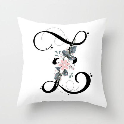 Black Alphabet Flower Print Pillow Cover White Polyester Modern Cushion Cover Decorative Pillowcase For Sofa Bed Chair Car Throw Pillow Covers Decorative Pillow Cases ABC Letter Cushion Covers Square Pillow Protectors Home Decor 45x45cm