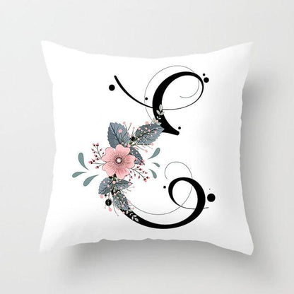 Black Alphabet Flower Print Pillow Cover White Polyester Modern Cushion Cover Decorative Pillowcase For Sofa Bed Chair Car Throw Pillow Covers Decorative Pillow Cases ABC Letter Cushion Covers Square Pillow Protectors Home Decor 45x45cm