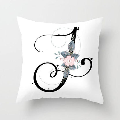 Black Alphabet Flower Print Pillow Cover White Polyester Modern Cushion Cover Decorative Pillowcase For Sofa Bed Chair Car Throw Pillow Covers Decorative Pillow Cases ABC Letter Cushion Covers Square Pillow Protectors Home Decor 45x45cm