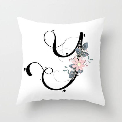 Black Alphabet Flower Print Pillow Cover White Polyester Modern Cushion Cover Decorative Pillowcase For Sofa Bed Chair Car Throw Pillow Covers Decorative Pillow Cases ABC Letter Cushion Covers Square Pillow Protectors Home Decor 45x45cm
