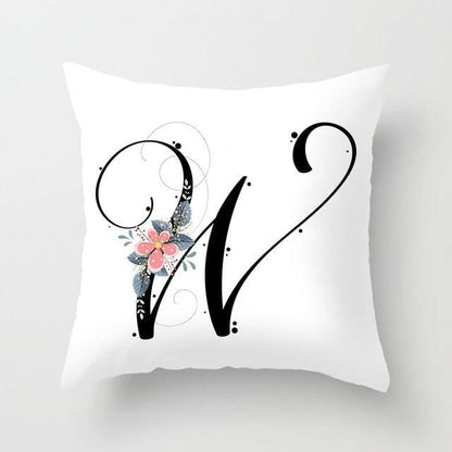 Black Alphabet Flower Print Pillow Cover White Polyester Modern Cushion Cover Decorative Pillowcase For Sofa Bed Chair Car Throw Pillow Covers Decorative Pillow Cases ABC Letter Cushion Covers Square Pillow Protectors Home Decor 45x45cm