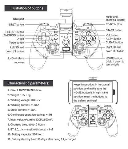 Black Portable 2.4G Wireless Bluetooth Mobile Trigger Joystick Game Console Controller Compatible With PC Laptop Tablets