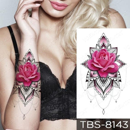 Black Sketchs Flowers Waterproof Temporary Tattoo Sticker Chest Flash Tattoo Wolf Diamond Flower Body Art Arm Fake Tattoo For Womens Men