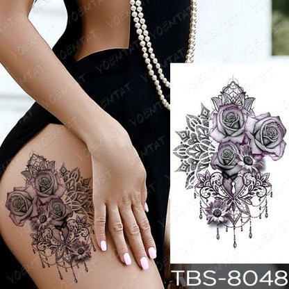 Black Sketchs Flowers Waterproof Temporary Tattoo Sticker Chest Flash Tattoo Wolf Diamond Flower Body Art Arm Fake Tattoo For Womens Men