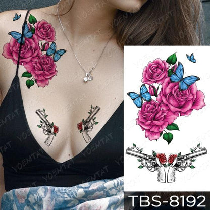 Black Sketchs Flowers Waterproof Temporary Tattoo Sticker Chest Flash Tattoo Wolf Diamond Flower Body Art Arm Fake Tattoo For Womens Men