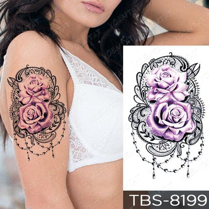 Black Sketchs Flowers Waterproof Temporary Tattoo Sticker Chest Flash Tattoo Wolf Diamond Flower Body Art Arm Fake Tattoo For Womens Men
