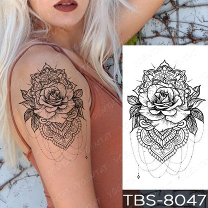 Black Sketchs Flowers Waterproof Temporary Tattoo Sticker Chest Flash Tattoo Wolf Diamond Flower Body Art Arm Fake Tattoo For Womens Men
