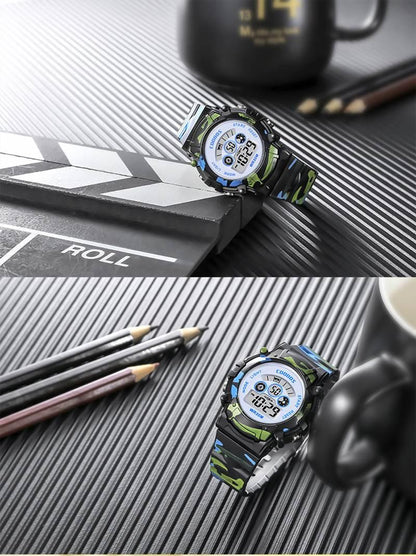 Boys Sports Military Kids Digital Watches Student Childrens Watch Fashion Luminous Led Alarm Camouflage Green Waterproof 7 Color Led Backlight Multifuction Wristwatch For Boys Girls