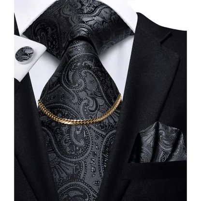 Business Black Silk Necktie Chain Classic Tie Square Handkerchief Elegant Cufflink Wedding Formal Neckties For Men