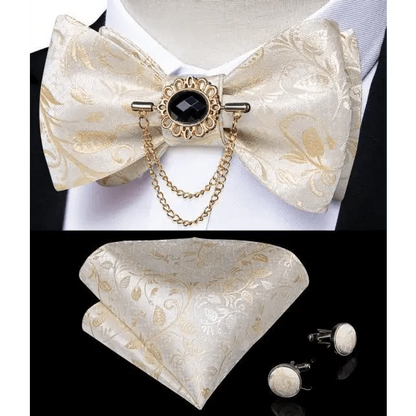 Business Elegant Gold Black Pattern Elegant Wedding Silk Bowtie Men Butterfly Fashion Bow Ties Pocket Square Classic Business Tuxedo Wedding Bowties Handkerchief Set