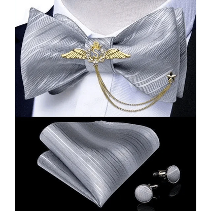 Business Elegant Gold Black Pattern Elegant Wedding Silk Bowtie Men Butterfly Fashion Bow Ties Pocket Square Classic Business Tuxedo Wedding Bowties Handkerchief Set