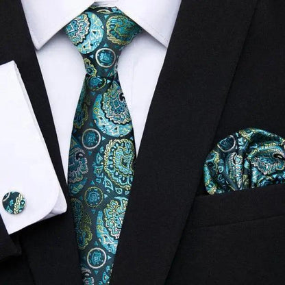 Business Men Silk Necktie Cufflinks Set Luxury Design Necktie With Handkerchief Necktie For Casual And Daily Wear Classic Men Flower Ties Wedding Handkerchief Cufflinks Set