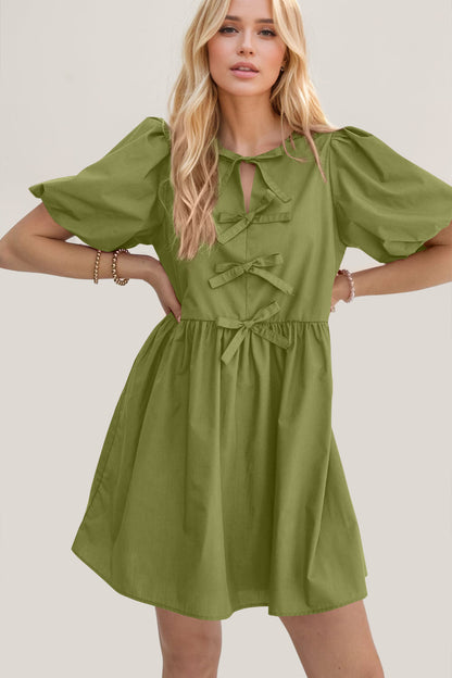 Elegant Ruched Puff Sleeve Mini Dress Vintage Bow Detail Cute Short Dress for Women