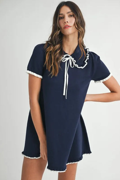 Ruffle Trimmed Collar Fine Knit Mini Dress For Women – Ruffle Mini Dress, Fine Knit Dress, Collar Dress, Feminine Mini Dress, Chic Knit Dress