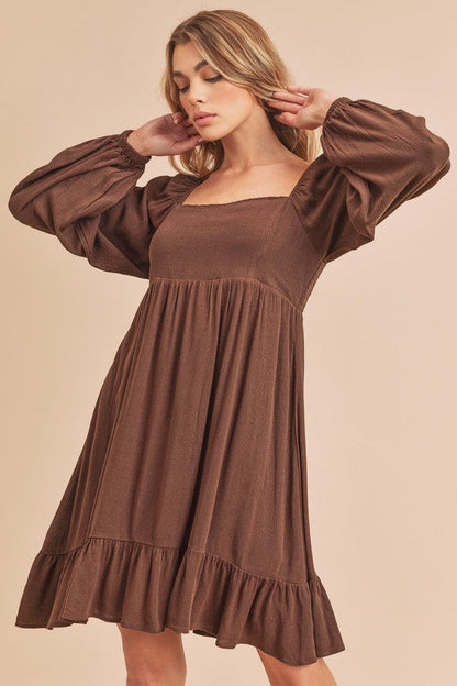 New Ruffled Hem Square Neck Balloon Sleeve Mini Dress For Women – Trendy, Elegant, Feminine & Fashion-Forward