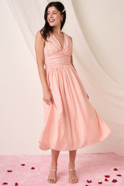 Ruched V-Neck Sleeveless Midi Dress For Women – Elegant and Chic Dress with Flattering Ruched Detailing and Sophisticated V-Neck