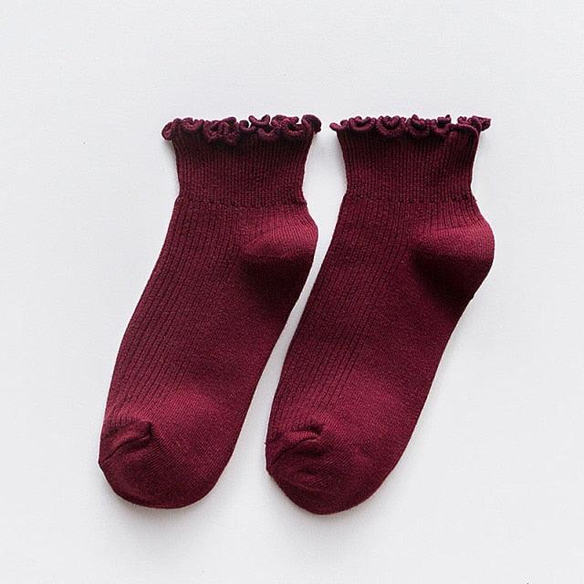 Candy High Quality Lace Solid Color Cute Sweet Girl Fashion Socks Pure Cotton Wood Ear Light Mouth Cotton Novelty Socks Unisex Crew Socks For Men And Women