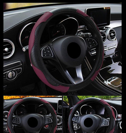 Car Steering Wheel Cover Breathable Anti Slip PU Leather Steering Covers Suitable 37-38cm Auto Decoration Carbon Fiber Thread Leather Steering Wheel Cover Heavy Duty Pure Cowhide Steering Wheel Cover, Genuine Leather Steering Wheel Cover