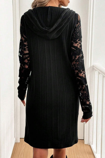 Black Long Sleeve Hooded Dress With Lace Detail Stylish Comfortable Women’s Dress Luxury Unique Design Dress