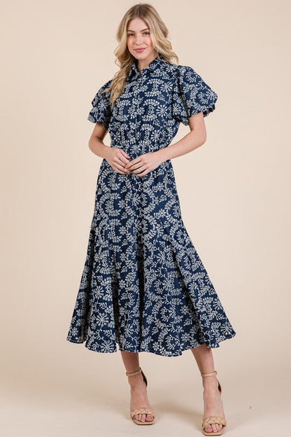 Natural Leaf Pattern Eyelet Lace Puff Sleeve Dress For Women – Elegant and Feminine Eyelet Lace Dress with Puff Sleeves